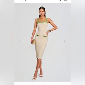 Textured Cream Midi Dress with Green Trim